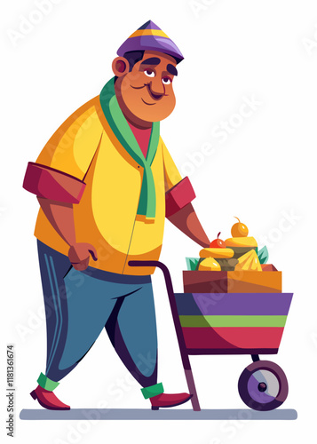 Mexican middle aged Man pushing shopping cart filled with grocerries 