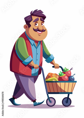 Mexican middle aged Man pushing shopping cart filled with grocerries 