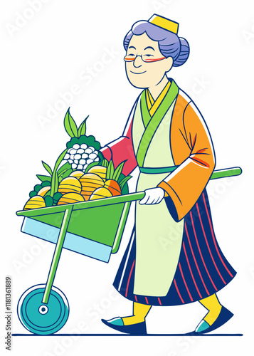 食料品が詰まったショッピングカートを押す日本の老婦人。