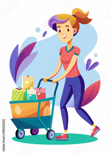 Mujer empujando un carrito de compras lleno de comestibles