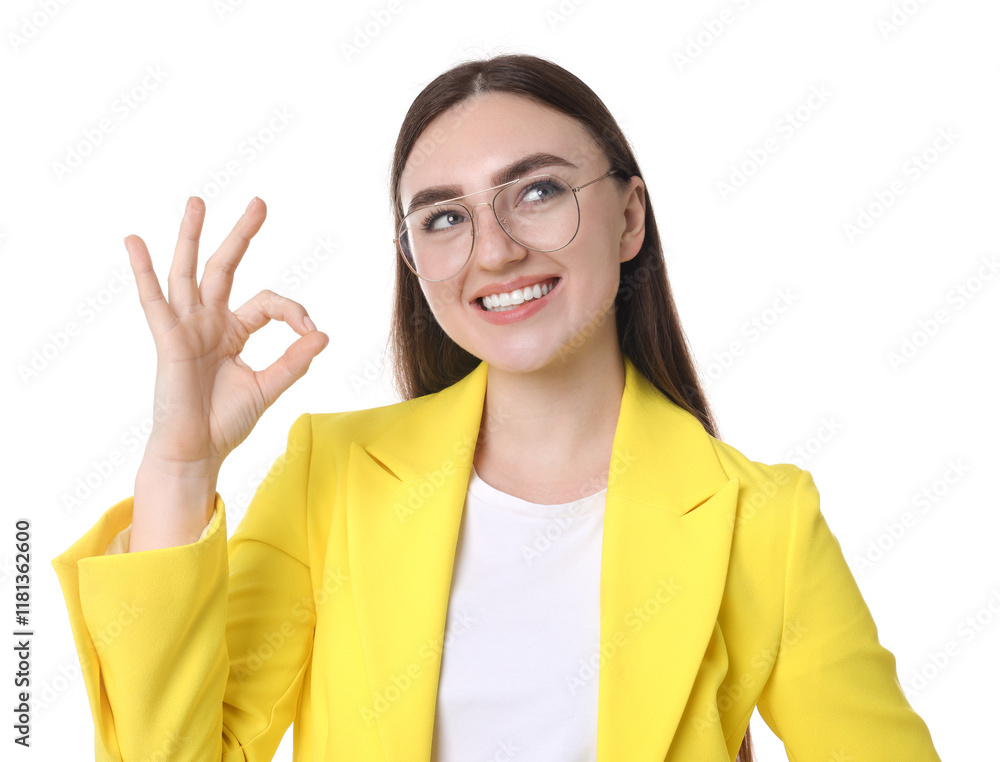 Happy young woman showing OK gesture on white background Happy young woman showing OK gesture on white background