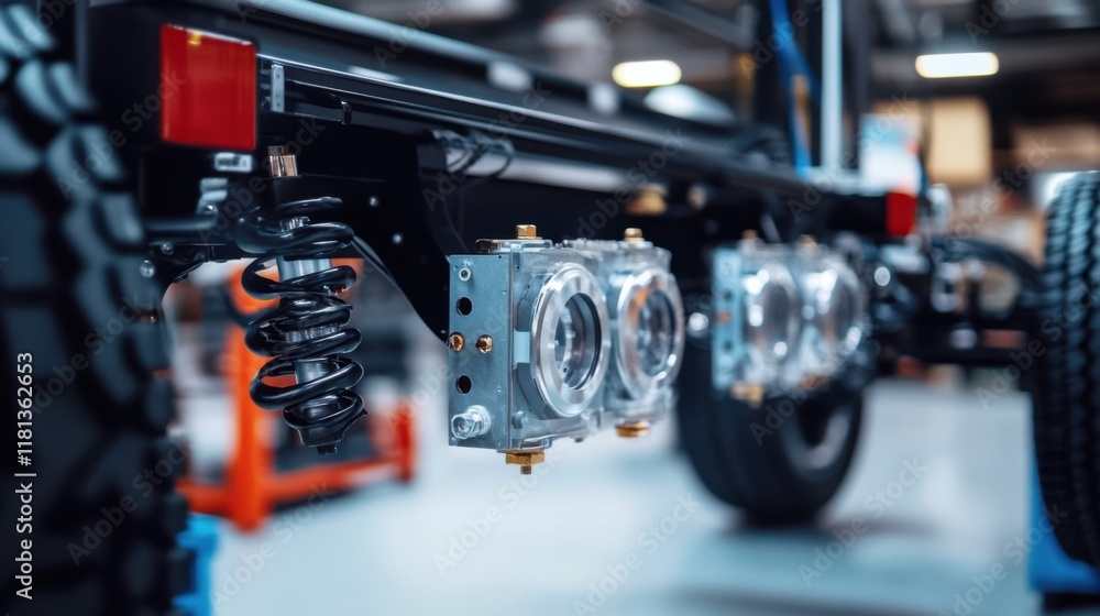 Fototapeta premium Detailed Close-Up of Industrial Equipment Underneath Vehicle Chassis Showing Advanced Lighting System and Suspension Components in Workshop Environment