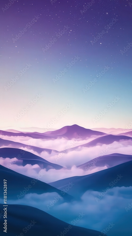 Misty Mountains Under A Starlit Sky With Purple And Blue Hues, Creating A Dreamlike And Tranquil Atmosphere. Perfect For Ethereal Nature-Themed Phone Backgrounds.