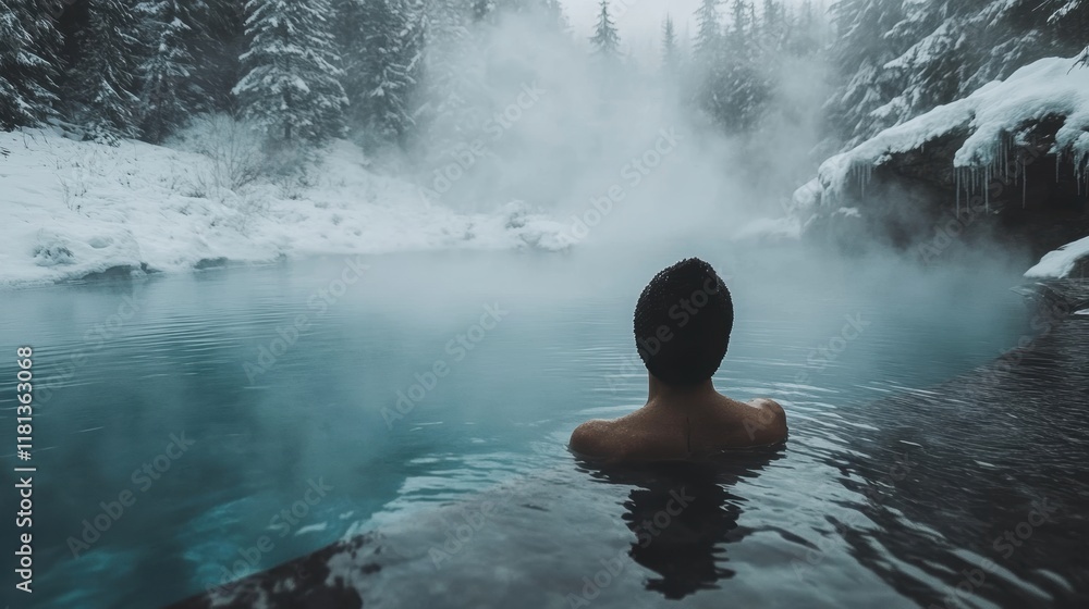Obraz premium Woman relaxing in thermal hot spring outdoor in snow-covered winter landscape, tourist attraction in the spa and wellness center