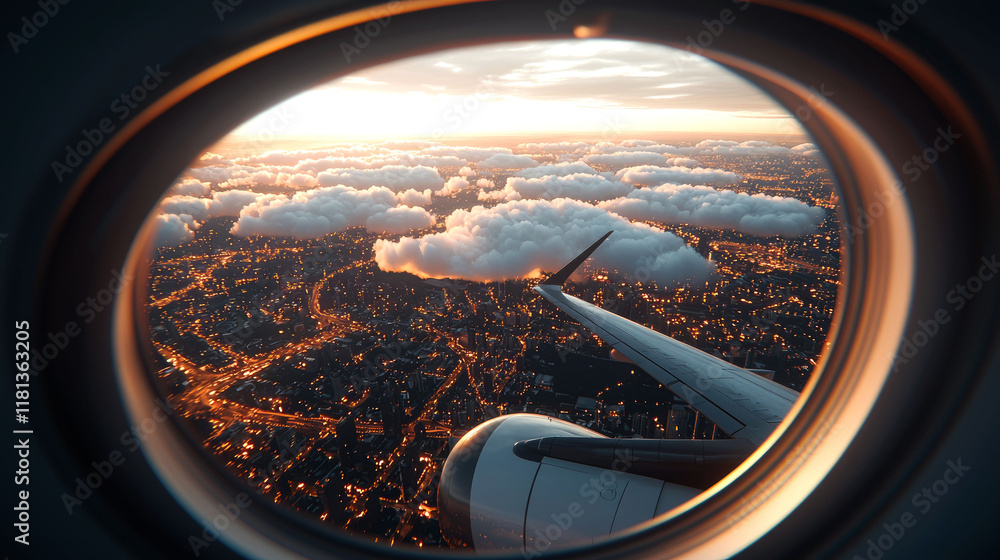 Fototapeta premium Aerial Cityscape at Sunset: A Breathtaking View from Above