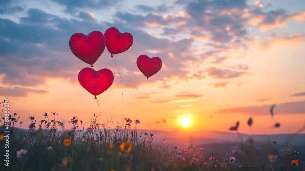 Fototapeta premium Red heart balloons sunset field romance