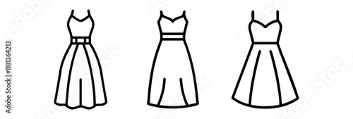 maxi dress icon, dress line art, dress vector - simple black line art icon of maxi dress perfect for logos, and dress-themed designs.