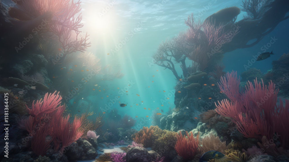 Fototapeta premium An enchanting underwater world where coral reefs in shades of pastel pink, lavender, and mint surround schools of glowing fish. Gentle rays of light penetrate the water, creating a magical and serene