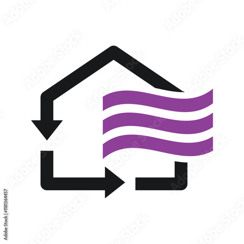 The image shows a flat logo design for HVAC companies that depicts a house shape with air circulation outline and wavy wind flag