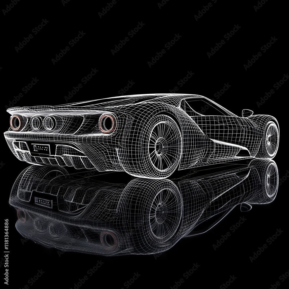 Naklejka premium A wireframe outline of a futuristic concept car with aerodynamic details. 