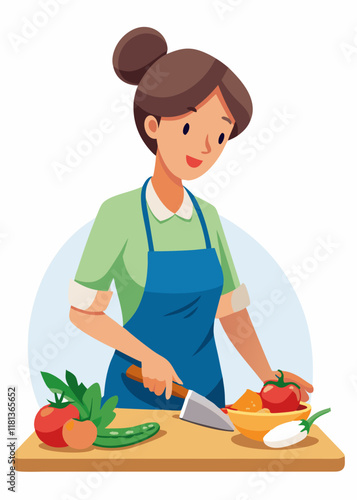 Female chef cutting vegetables on wooden board