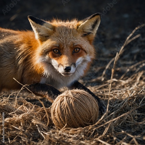 vA fox playing with a ball of yarn. photo