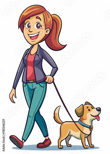 Happy woman enjoying a walk with her dog