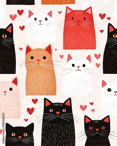 A playful pattern featuring cartoonish cats in various colors, surrounded by hearts, perfect for cat lovers and cute decor. photo