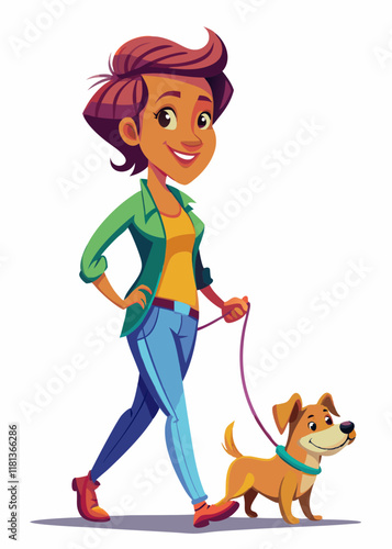 Happy woman enjoying a walk with her dog