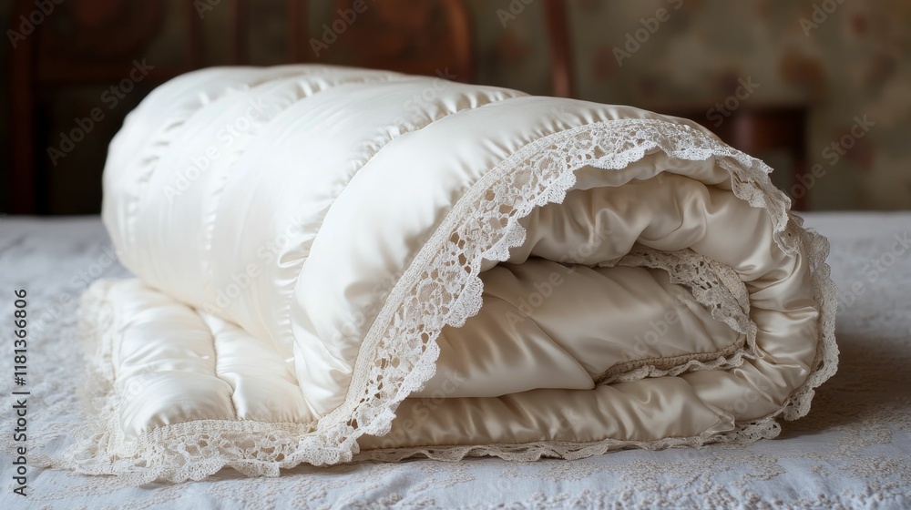Obraz premium Cream satin comforter, lace trim, rolled neatly.