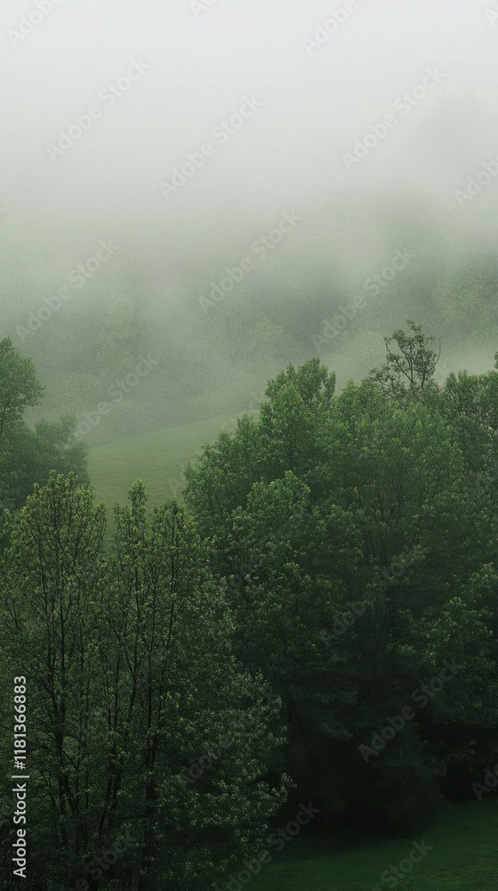 Lush green trees shrouded in fog create a serene, tranquil landscape. Lush green trees shrouded in fog create a serene, tranquil landscape.