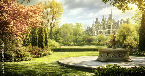 A serene garden scene featuring a fountain and a castle in the background.