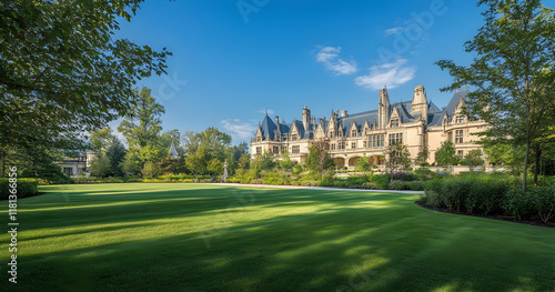 A grand mansion surrounded by lush greenery and a clear blue sky.