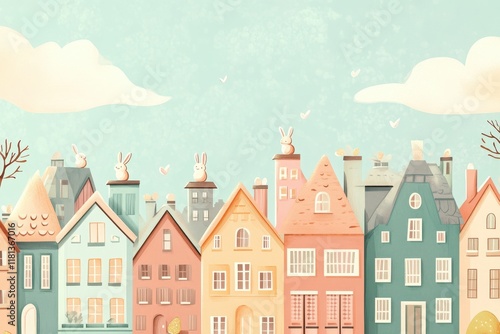 Pastel Townhouses With Rabbits on Roofs Sunny Day
