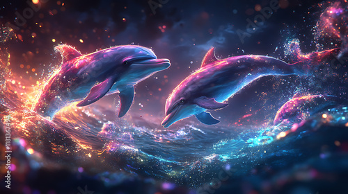 Two vibrant dolphins playfully swimming in a colorful, sparkling ocean scene.