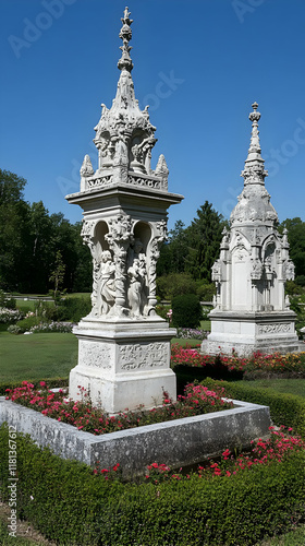 Ornate stone sculptures in a well-maintained garden with colorful flowers.