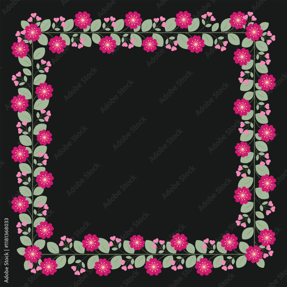 Square Borders Frame Or Wreath With Love Pink Fuchsia Flowers And Leaves Square Borders Frame Or Wreath With Love Pink Fuchsia Flowers And Leaves