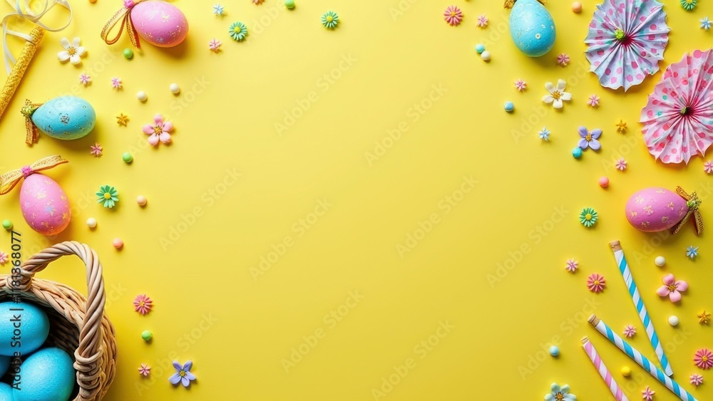 Fototapeta premium Colorful easter decorations with eggs and flowers on yellow background