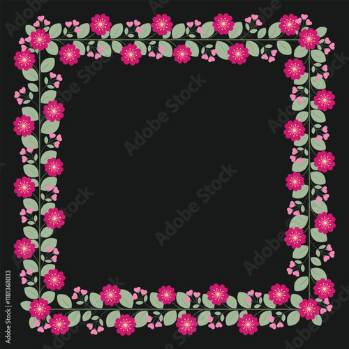 Square Borders Frame Or Wreath With Love Pink Fuchsia Flowers And Leaves