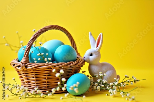 Easter basket with blue eggs and rabbit figurine on yellow background