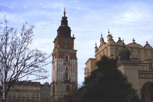 Historic Krakow clock tower with blue sky