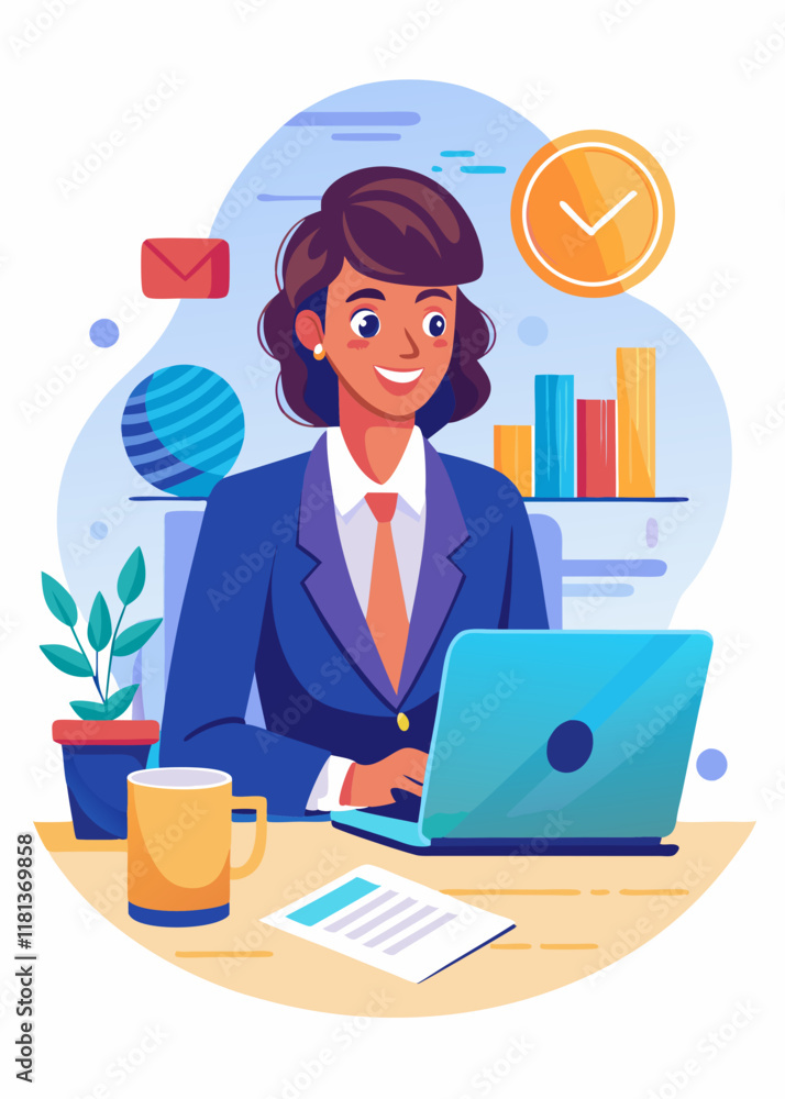 Independent woman working on laptop with analytics and data in background, vector illustration of business professional analyzing data.
Independent woman working on laptop with analytics and data in background, vector illustration of business professional analyzing data.
