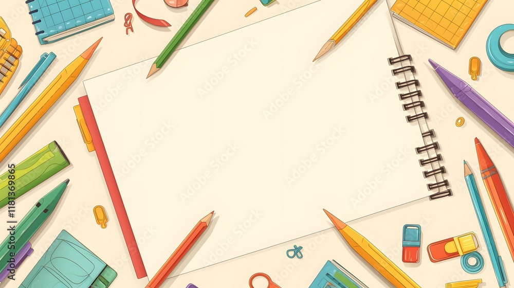 School supplies arranged on a notepad, illustrating a workspace concept related to education School supplies arranged on a notepad, illustrating a workspace concept related to education