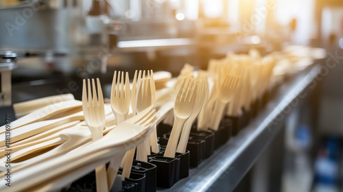 Production Line of Sustainable Wooden Cutlery in a Modern Factory, Showcasing Eco-Friendly Forks and Spoons Ready for Packaging and Distribution