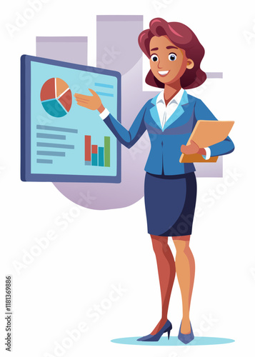 Mujer de negocios dando una presentación con análisis y gráfico circular a bordo en un espacio de oficina moderno