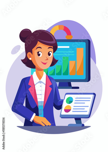 Femme entrepreneur confiante utilisant un ordinateur portable avec des graphiques et des analyses d'entreprise dans un espace de travail de bureau, illustration vectorielle d'une femme professionnelle