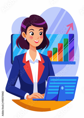 Femme entrepreneur confiante utilisant un ordinateur portable avec des graphiques et des analyses d'entreprise dans un espace de travail de bureau, illustration vectorielle d'une femme professionnelle
