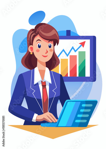 Femme entrepreneur confiante utilisant un ordinateur portable avec des graphiques et des analyses d'entreprise dans un espace de travail de bureau, illustration vectorielle d'une femme professionnelle