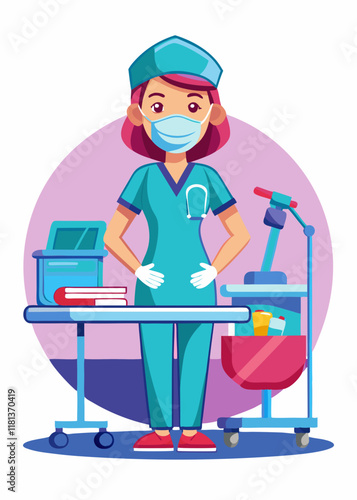 Enfermera uniformada de pie en su escritorio en la oficina del hospital, profesional de la salud trabajando en papeleo en el espacio de trabajo médico.