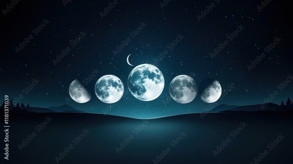 Naklejka premium An illustrative chart depicting all eight phases of the moon, from new moon to full moon and back, clearly labeled and set against a dark background.