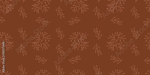 Seamless botanical Pattern on Brown Background. Elegant Linear plant branches on mocha mousse backdrop. Horizontal Vector illustration. Hand outline drawing. Minimal Design template
