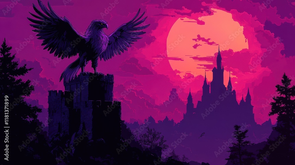 Fototapeta premium Majestic Purple Eagle Perched Atop Ancient Castle Ruins