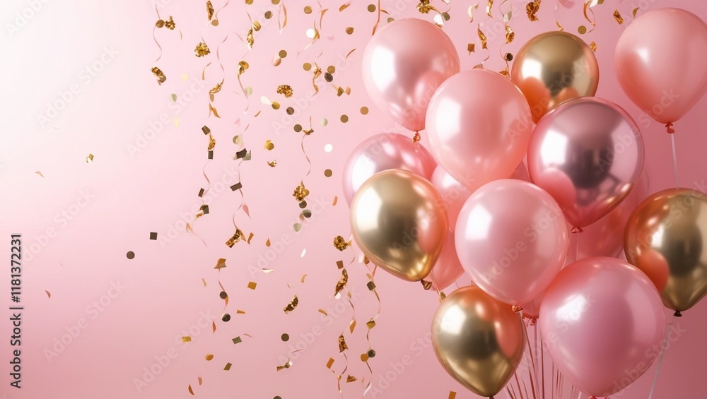 Pink Birthday Balloons Background Design with Golden 'Happy Birthday' Balloon and Confetti for Celebration Greeting Card. Pink Birthday Balloons Background Design with Golden 'Happy Birthday' Balloon and Confetti for Celebration Greeting Card.