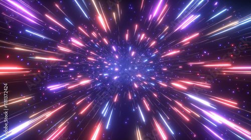 3D Render of Red and Blue Fireworks Against Abstract Cosmic Background