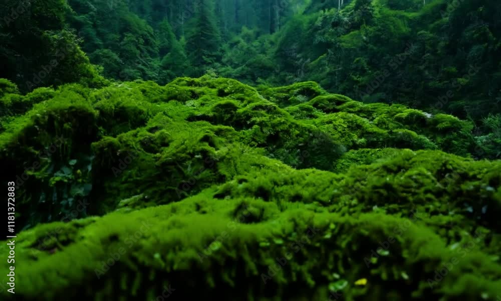 Macro view of sparkling dew resting on green moss, capturing the intricate details of the ecosystem. Macro view of sparkling dew resting on green moss, capturing the intricate details of the ecosystem.