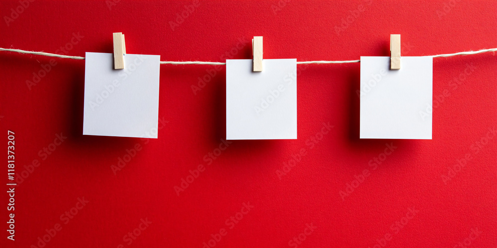 Notes or cards mock-up on a rope on a background of a red wall. Concept banner template for text, notes, photo, declarations of love or holiday garlands, Valentine's style with copyspace Notes or cards mock-up on a rope on a background of a red wall. Concept banner template for text, notes, photo, declarations of love or holiday garlands, Valentine's style with copyspace