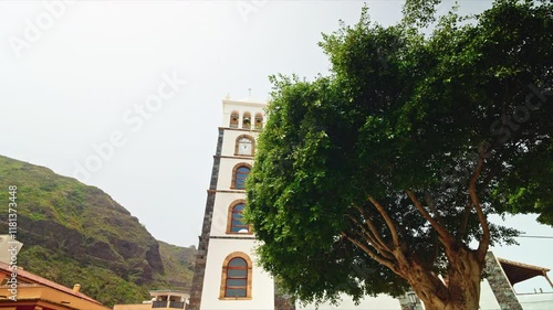 Close up shot of the bell tower of the church of Santa Ana in Tenerife, Canary Island, Spain. photo