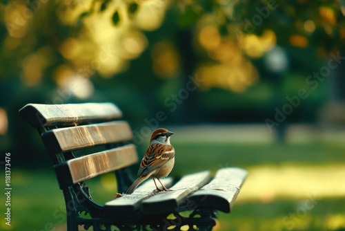 A lone sparrow rests on a park bench photo