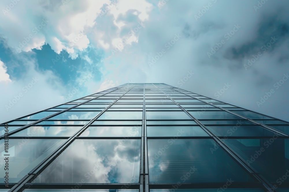 Glass skyscraper facade reflecting cloudy sky in modern urban environment Glass skyscraper facade reflecting cloudy sky in modern urban environment