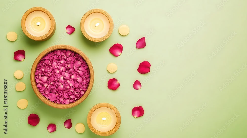 Fototapeta premium Serene Spa Setting Candles Rose Petals Aromatherapy Elements